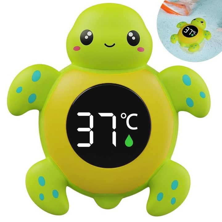 Bébi fürdőhőmérő, teknősbéka design, háromszínű LED kijelző, vízálló, 0-60C