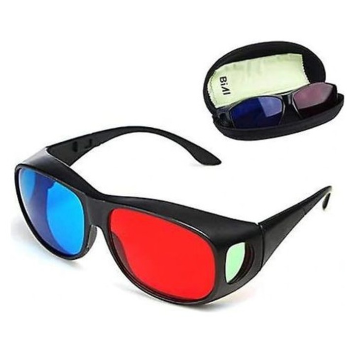 Ochelari 3D anaglifi, plastic negru, lentile rosii, cu husa si laveta