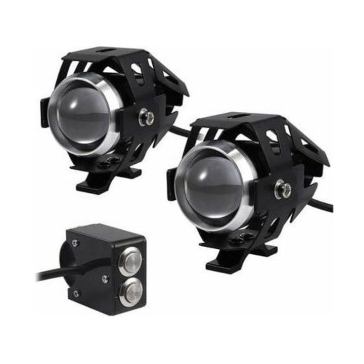 2 db LED motorkerékpár fényszóró készlet 15W U5, fehér, 22mm, kapcsolóval, fekete