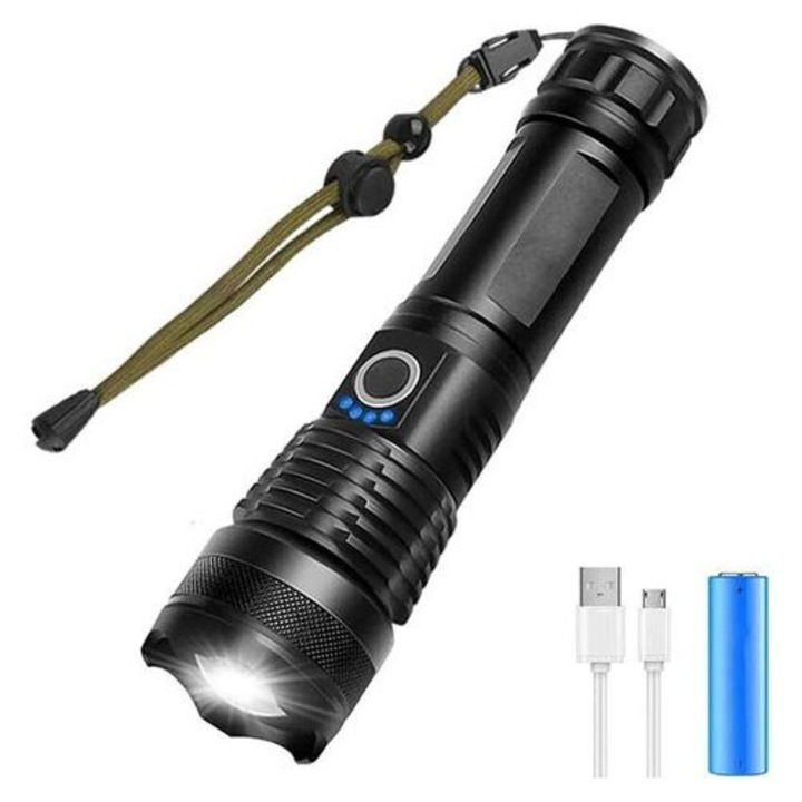 LED lámpa 5000 lumen, USB, vízálló, 18650 2000mAh, fekete, 300m látótávolság
