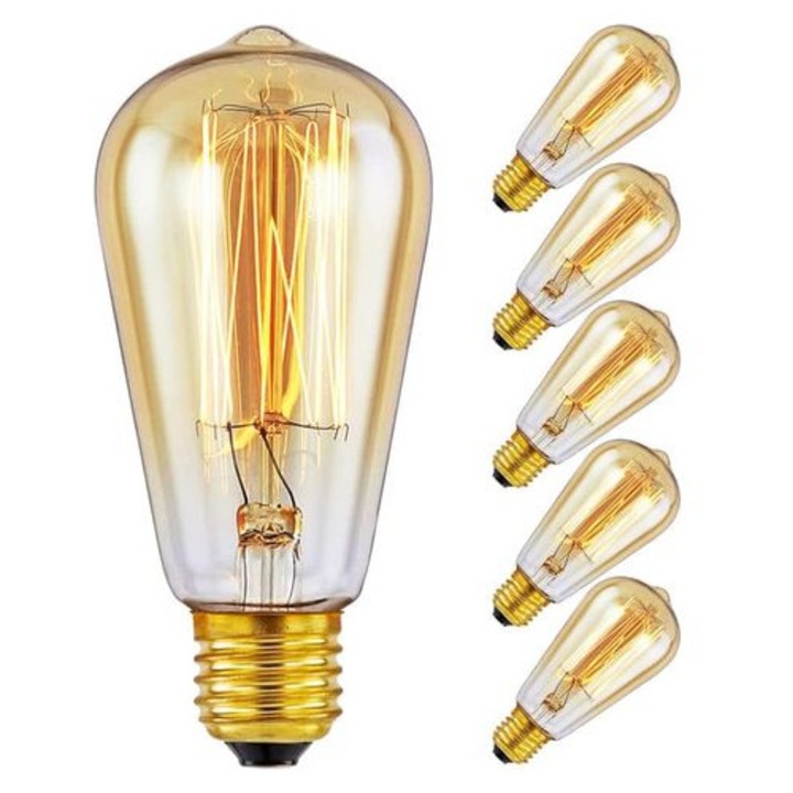 Bec vintage E27 Edison, meleg borostyánsárga fény, 120 lumen, ST64, 6 db-os szett