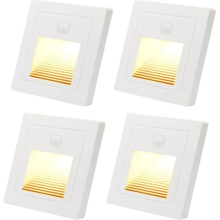Set 4 spoturi LED scari, 0.5W, alb cald, 86x86x32mm, senzor miscare