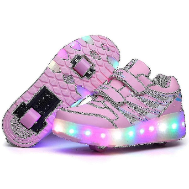 Обувки с двойни LED колелца, розови, 30, USB зареждане