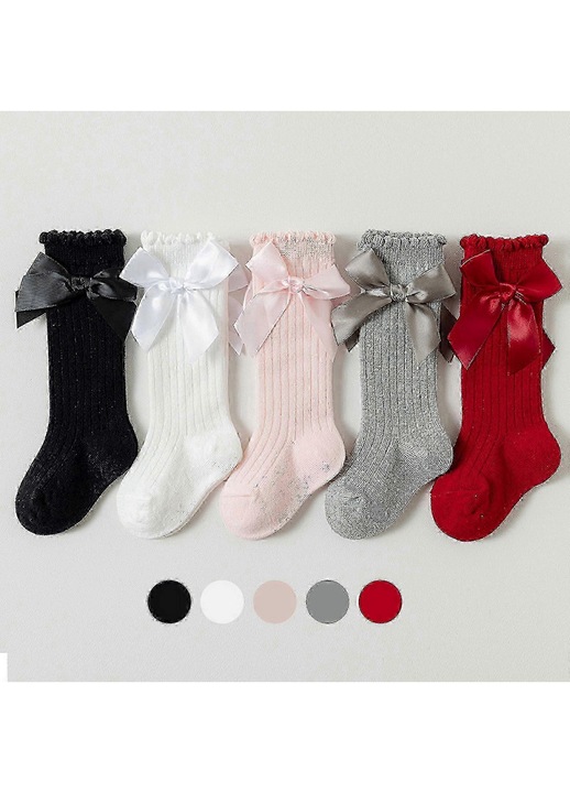 Sosete inalte pana la genunchi pentru bebelusi - Ciorapi lungi din bumbac cu volane si fundite pentru fetite - Sosete elegante pentru sugari 2026XX7, 1-2Y, Roz