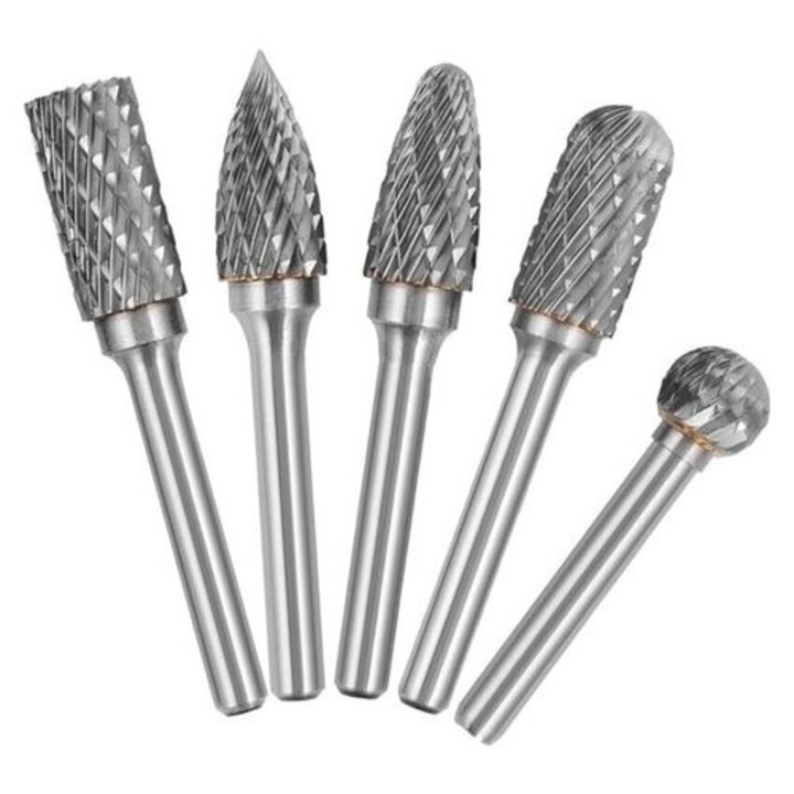 Set 5 freze rotative, 6mm tija, 10mm cap, dubla taiere, carbura tungsten, pentru lemn