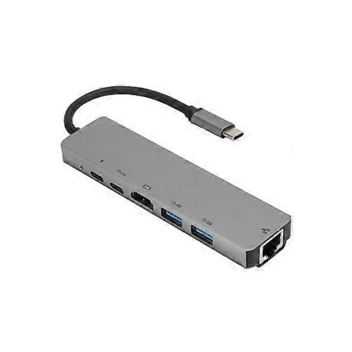 USB-C elosztó 6 az 1-ben, fém, szürke, 17x7x2cm