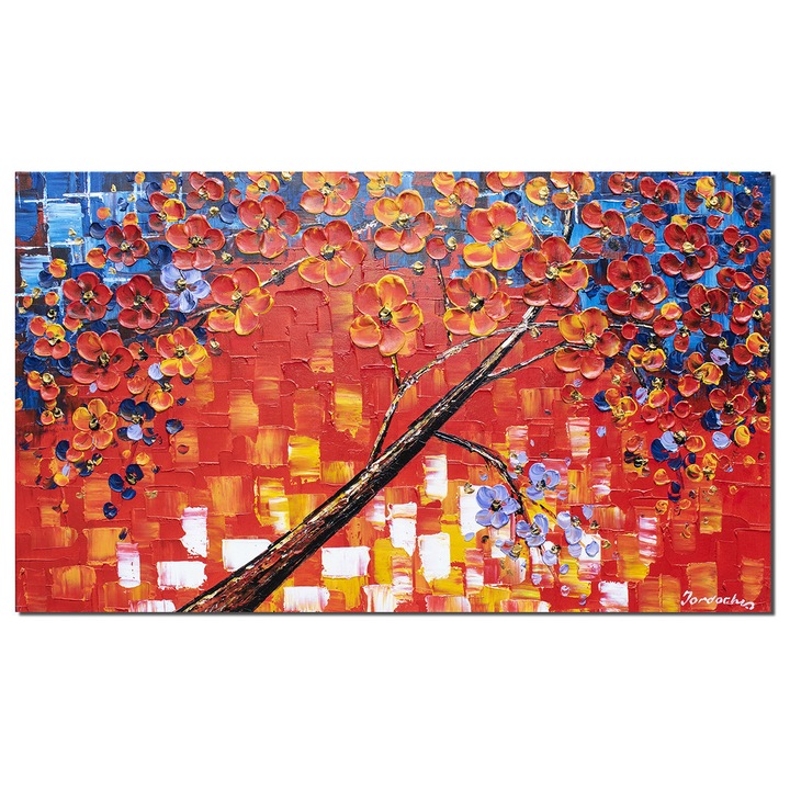 Tablou living 3D gigant pictat manual, Copacul vietii cu flori rosii si mov, 120x70cm ulei pe panza in cutit, Mircea Iordache
