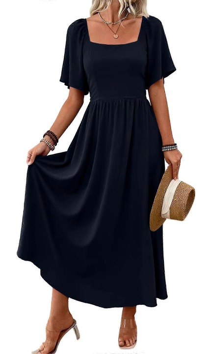 Rochie Maxi Dama Boema, cu Decolteu Patrat, Maneci Evazate, Bleumarin, Fabrica