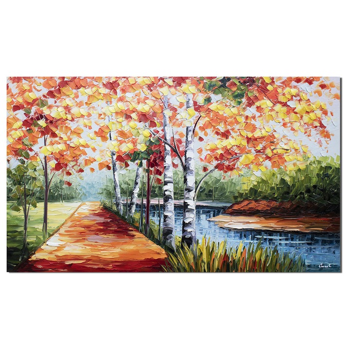Tablou 3D inspirational peisaj din natura pictat manual living, dormitor, Aleea cu mesteceni, 120x70cm ulei pe panza, Leonard Covaci