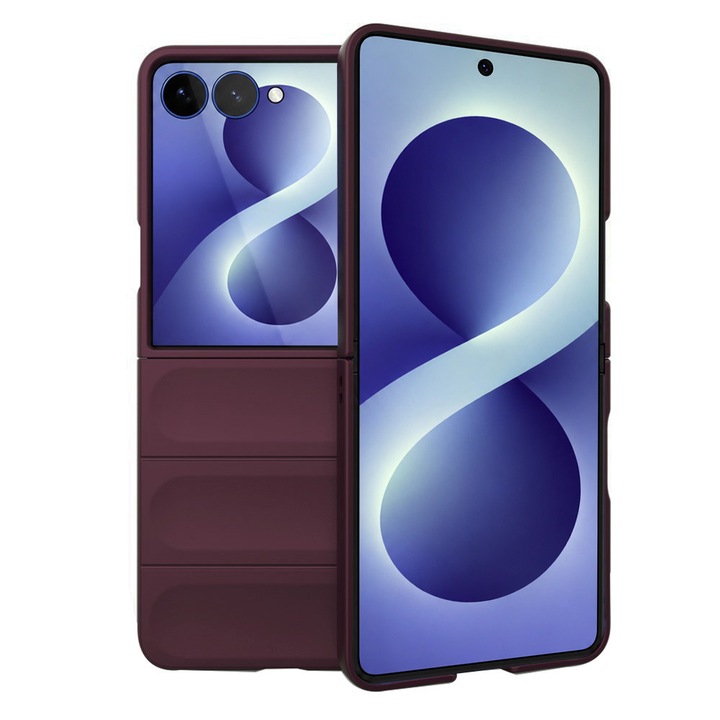 Husa Buffer szilikon mikroszálas belsővel Samsung Galaxy Z Flip8 / Flip 8 készülékhez, OPTIM SOLUTION, katonai szintű ellenállás, ujjlenyomatmentes, rugalmas TPU, bordó