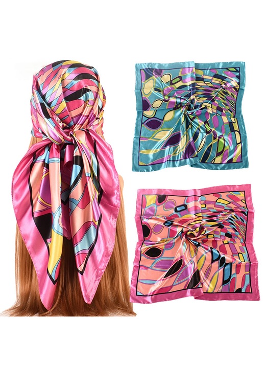 Esarfa patrata din satin, mare, de 35” - 2 esarfe patrate din satin, cu aspect floral, pentru femei