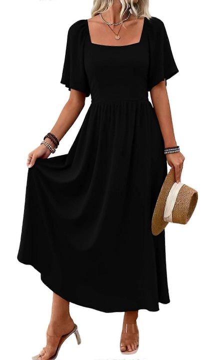 Rochie lunga A-Line, cu decolteu patrat, maneci scurte, neagra, vdsadsadin poliester si elastan, Negru