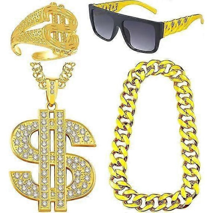 Set costume hip hop 80s 90s, 4 accesorii, auriu, marime universala
