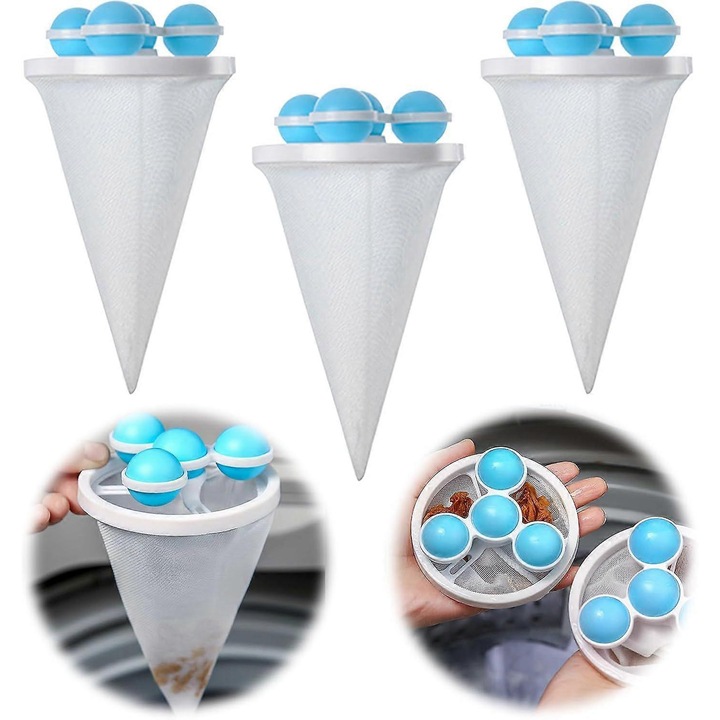 Set 3 Plase Filtrare Par Reutilizabile pentru Masina de Spalat, Universal