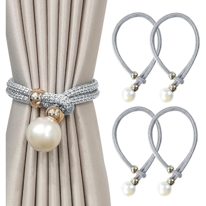 4 buc. Legaturi decorative pentru perdele, cu snur, cu perle mari, pentru casa, birou, decorarea hotelului etc. (gri)