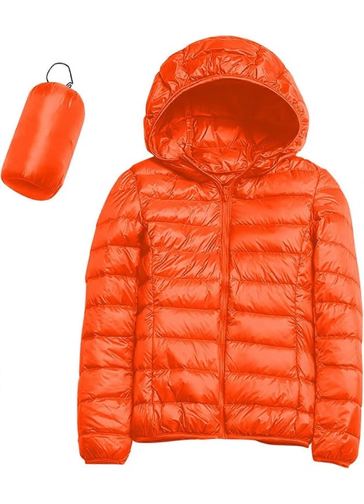 Geaca de puf usoara casual cu gluga, portocaliu