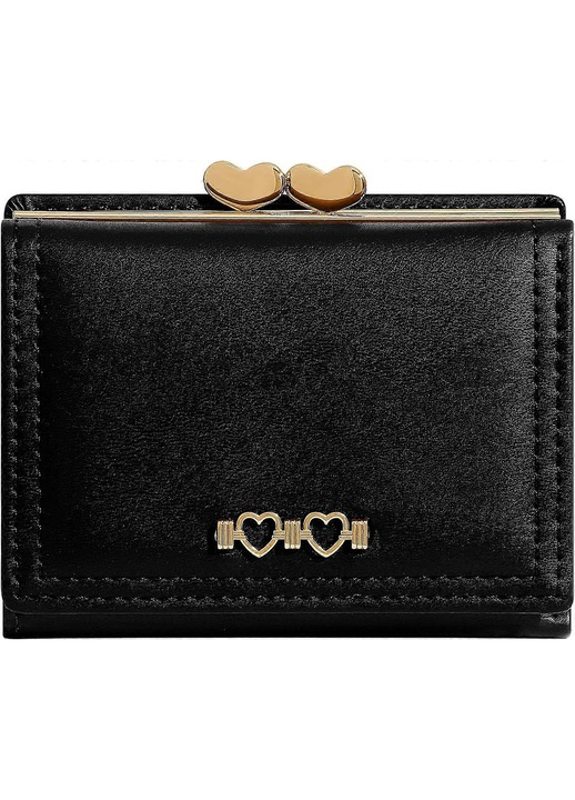 Portofel dama mic trifold piele negru inima metalica 10.7x7.6x3cm
