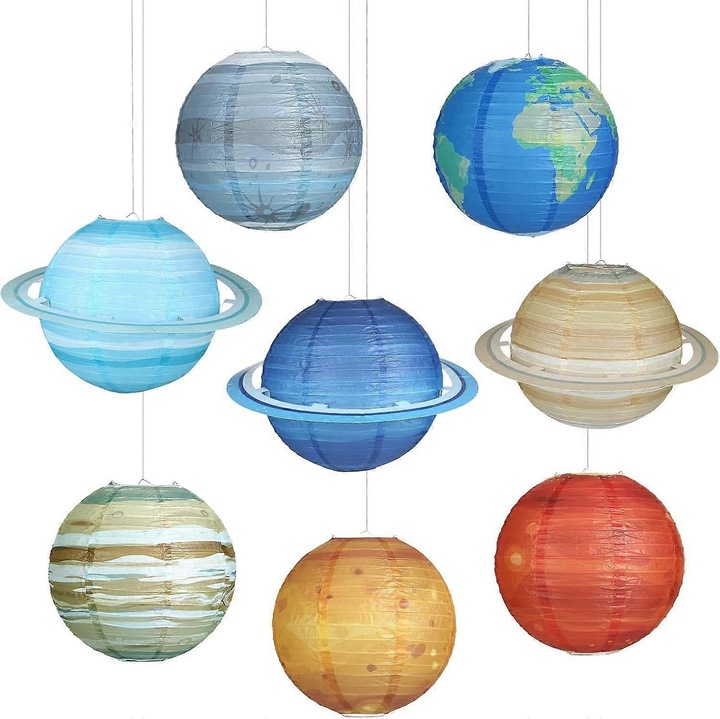 Lampioane din hartie 8 planete sistem solar multicolor 30x30cm set