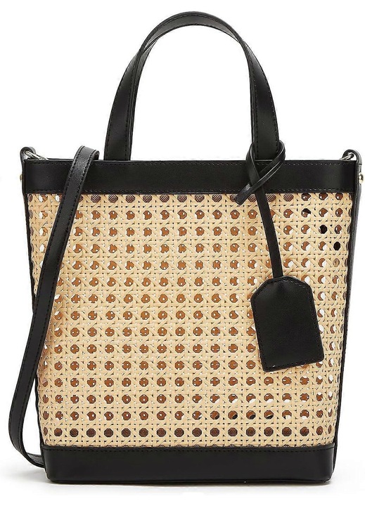Vintage szalmatáska strandra, fekete, 23x8x26cm