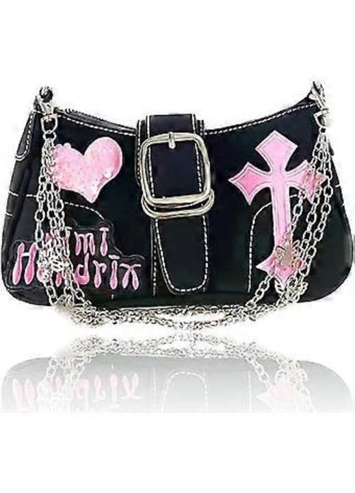 Punk stílusú fekete bőr motoros crossbody táska, kicsi