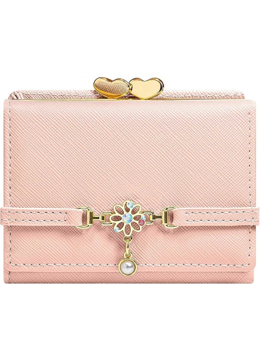 Portofel dama trifold mic roz PU piele cu perla si diamante 8x10x3cm RFID
