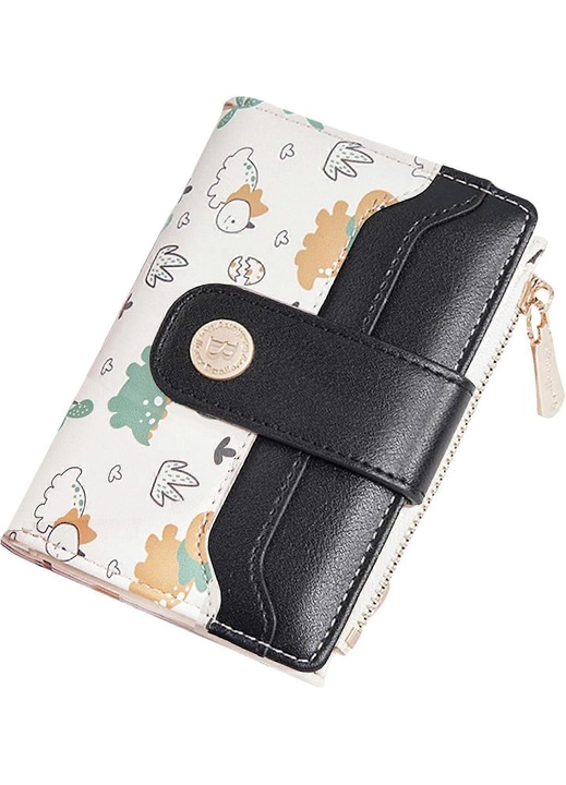 Portofel dama compact, piele PU, imprimeu animal, negru, 9.5x3x12.7cm