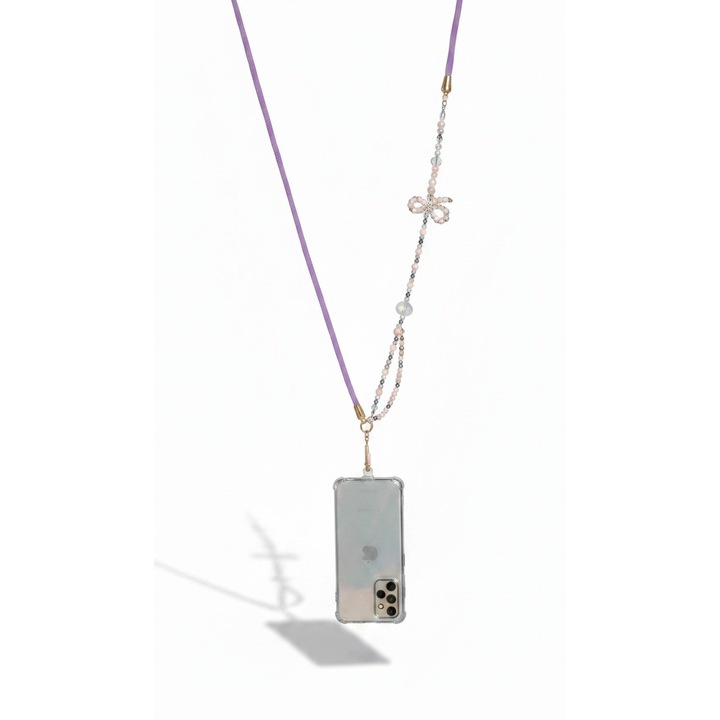 Crossbody telefontartó zsinór és csuklópánt, rögzítőkapcsokkal és kiegészítőkkel, pillangó gyöngyös modell, Lila