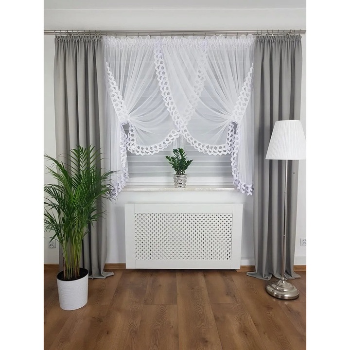 Függöny Flying csipkével, fehér voile, 400x160cm, szett két áttört megkötővel