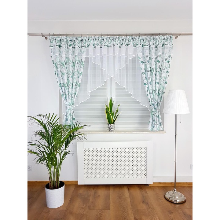 Függöny szett Flying, elasztikus voile, levél mintás, zöld-szürke, 400x155cm