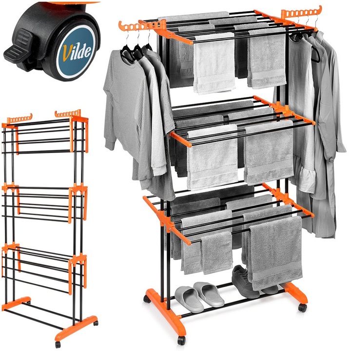 Uscator rufe turn vertical 3 niveluri cu roti, Vilde, XXL, 73 x 66.5 x 170 cm, Metal, Negru
