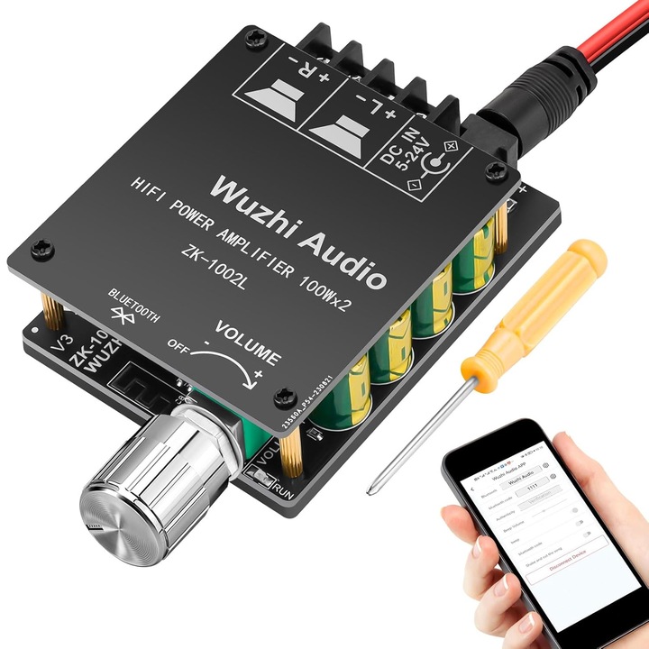Amplificator audio Bluetooth 2x100W, mini, 5V-24V, negru