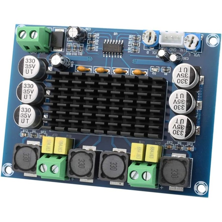 Amplificator audio digital clasa D dual canal 12-26V, eficienta ridicata, protectie integrata, negru, dimensiuni standard