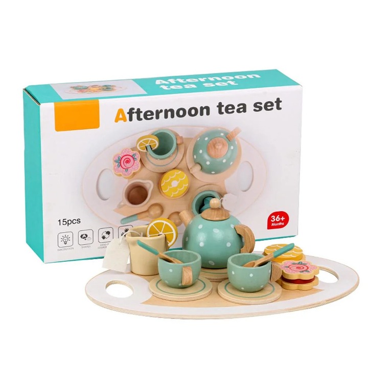 Set ceai lemn copii, joc rol, multicolor, 30x18x8cm