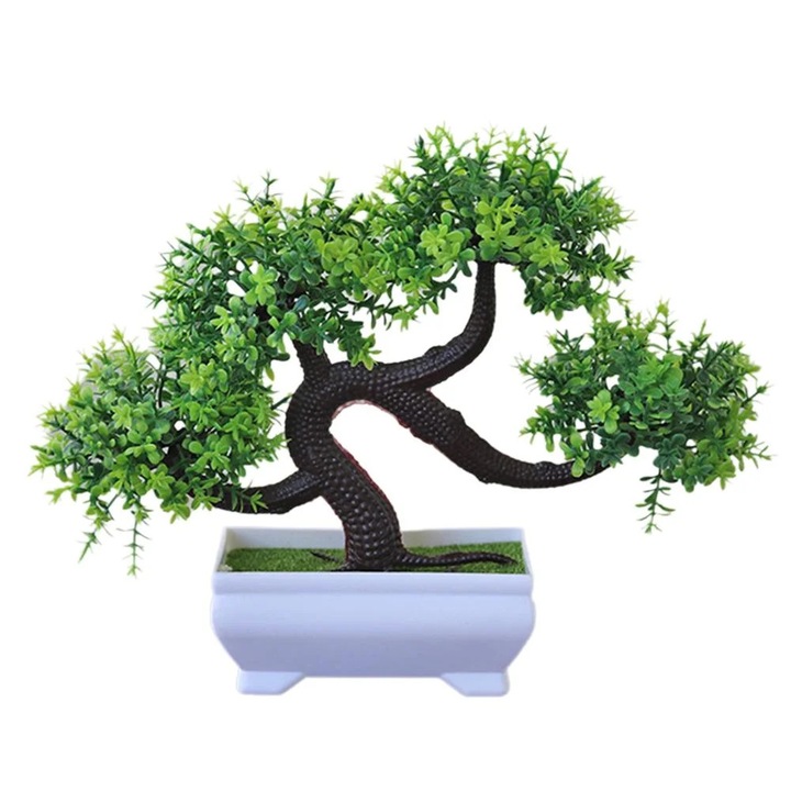 Mesterséges bonsai fa, zöld-sárga-lila-bíbor-rózsaszín, 27x19cm, cserép 10.5x4.5cm