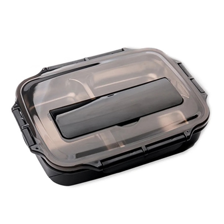 YANYXR ételtároló doboz, rekeszes, fekete, 27x19.5x5cm, rozsdamentes acél és műanyag