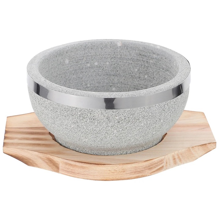 Bol din piatra naturala YANYXR cu tava, 16x16x7cm, 22x20x2cm, maro