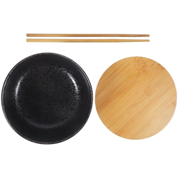 Set bol ceramic cu capac si betisoare, 16.3x16.3x7.5cm, bambus