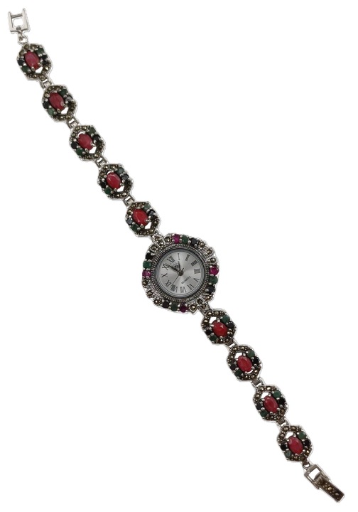 Ceas din argint 925 TSR cu pietre de radacina rubin, safir, smarald si marcasite model 0626MYSS lungime bratara 19, 5 cm