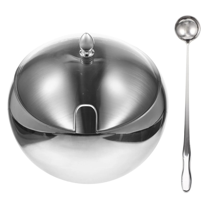 Bol inox YANYXR set, capac, lingura, 18x18x16cm, argintiu