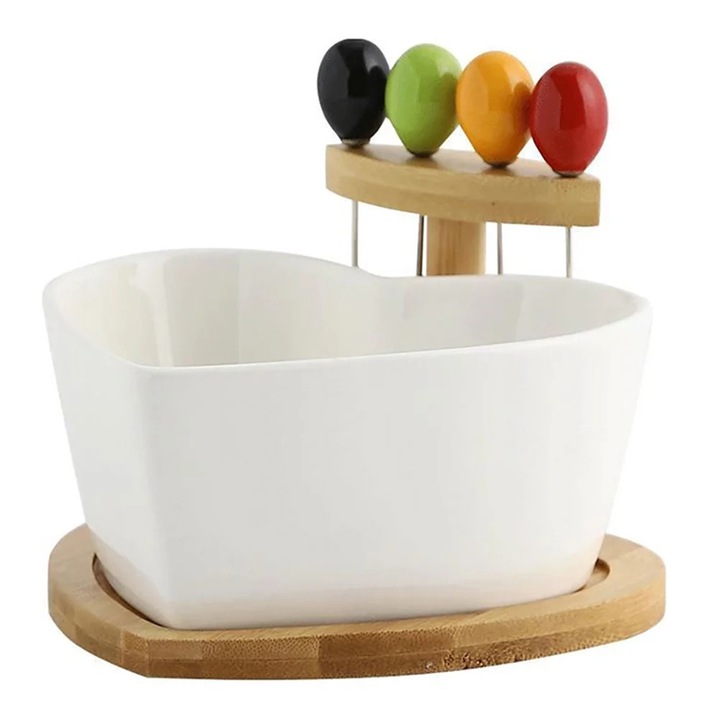 Bol salata ceramica YANYXR inima cu tacamuri multicolor 16x16x10.5cm