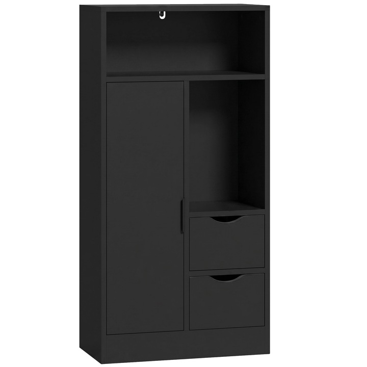 Keskeny Fürdőszobaszekrény 2 Fiókkal és Állítható Polcokkal, HOMCOM, Forgácslap, 50x25x100 cm, Fekete