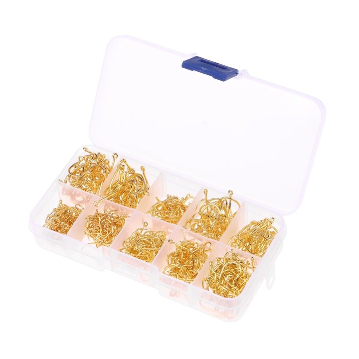 Set 500 carlige pescuit YANYXR carbon, perforate, aurii, 13x6.5x2cm