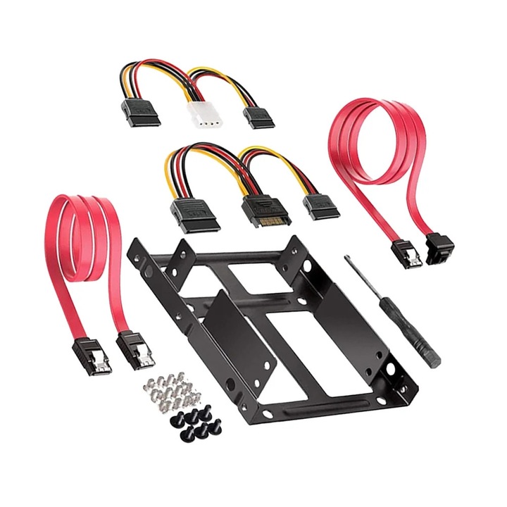 Двойна поддръжка за SSD 2.5 инча, SATA кабели, отвертка, черно червено диня, 11.5x10.2x2.4cm