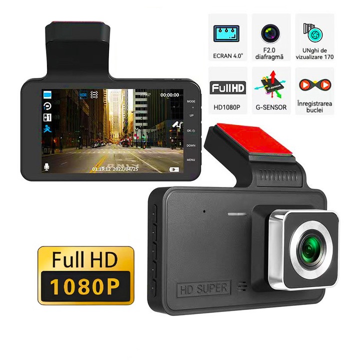 Камера за кола DVR 1080P Full HD, 4-инчов екран, 170° широк ъгъл, регулируеми лещи, избягване на мъртва зона, 24-часово наблюдение, запис с изключен екран, детекция на движение, цикличен запис, G-Sensor заключване, WDR+HDR, нощно виждане
