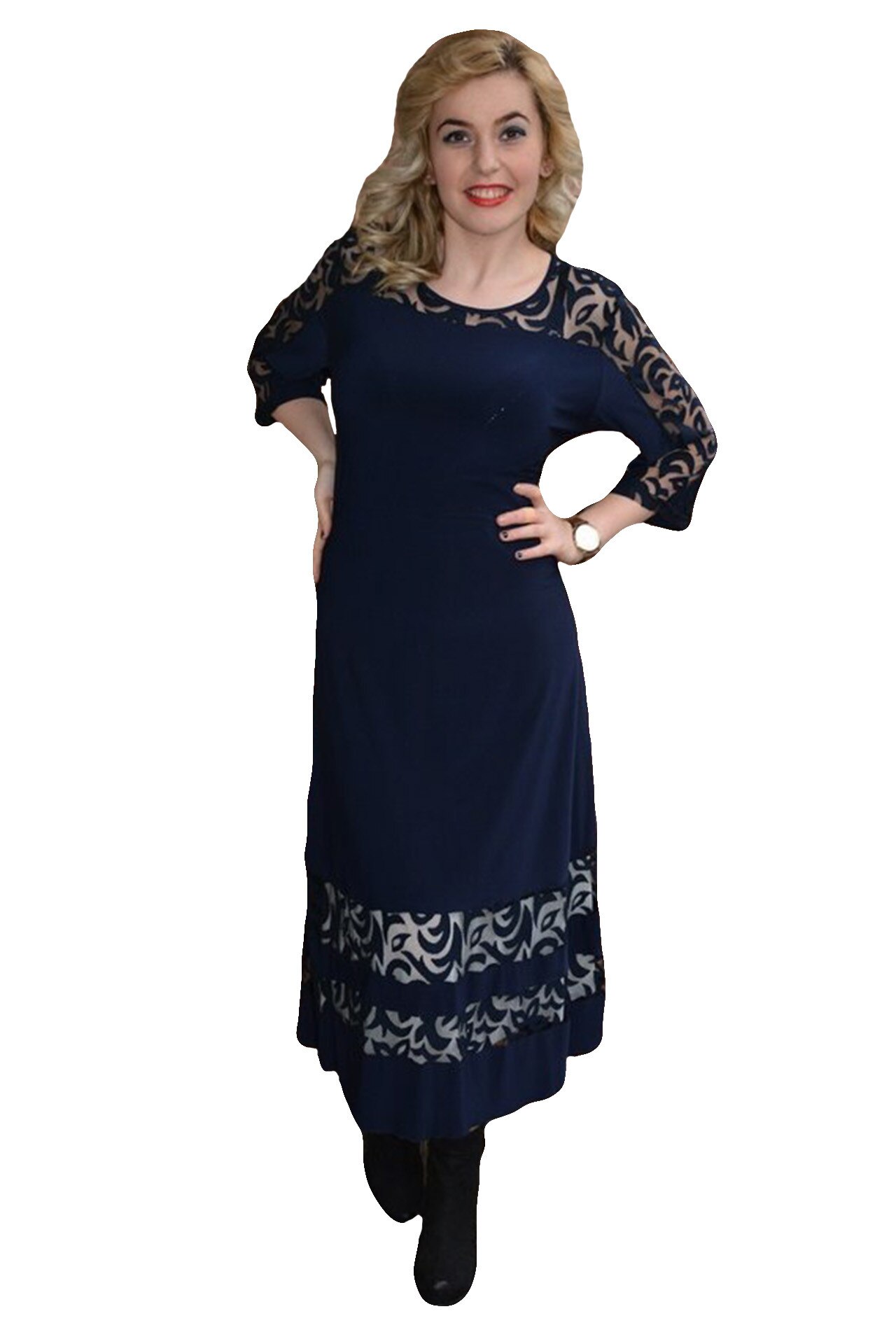 Rochie fashion cu insertii tip plasa,masura mare,D&J Exclusiv, Albastru marin