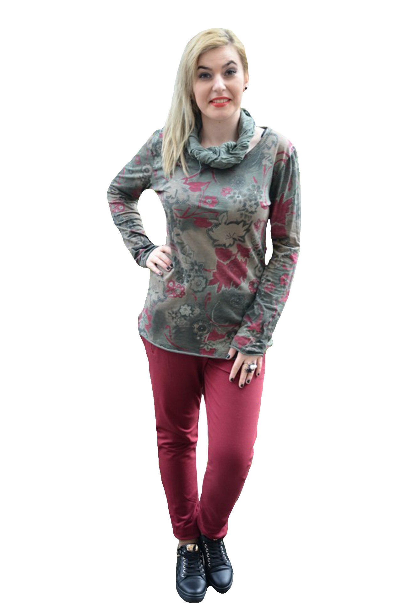 Bluza confortabila din bumbac, cu maneca lunga si design floral,D&J Exclusive, Verde inchis