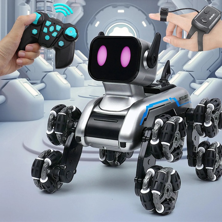 Robot caine telecomanda YANYXR 8 roti muzica lumina 25x15x10cm