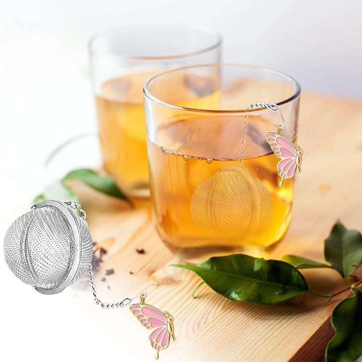 3 db teafőző szett, YANYXR, rozsdamentes acél, finom háló, kihúzható lánc, rózsaszín-kék, 5x5cm