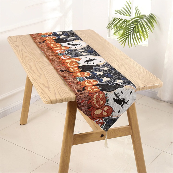 YANYXR Halloween asztalterítő, pamut és len, pók hímzés, fekete, 33x180cm