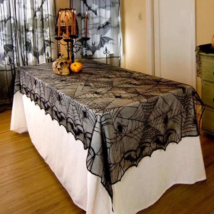 Покривка за маса Halloween YANYXR черна дантела с паяк 122x244см